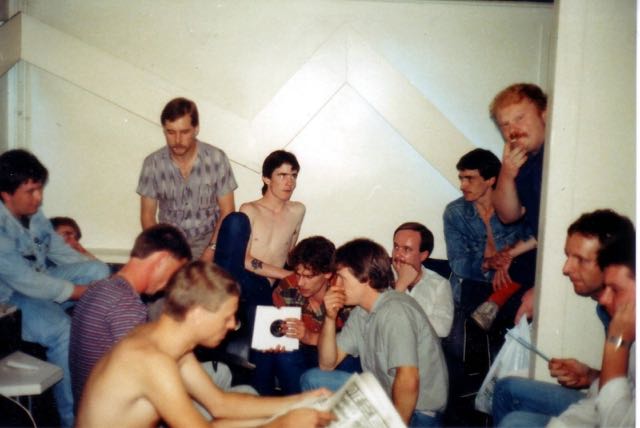 Daz on the left in denim, Dim Dave and Greeny back Dave Bentley behind Pete. Gilly, not sure and Gary Colbourne, Stuart Kent, Garlic George, Bottom right Gis Southworth and Stan (© George Sharp)